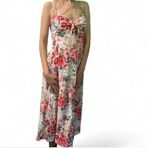 Feminine Cherry Red cream floral long elegant midi dress with buttons M